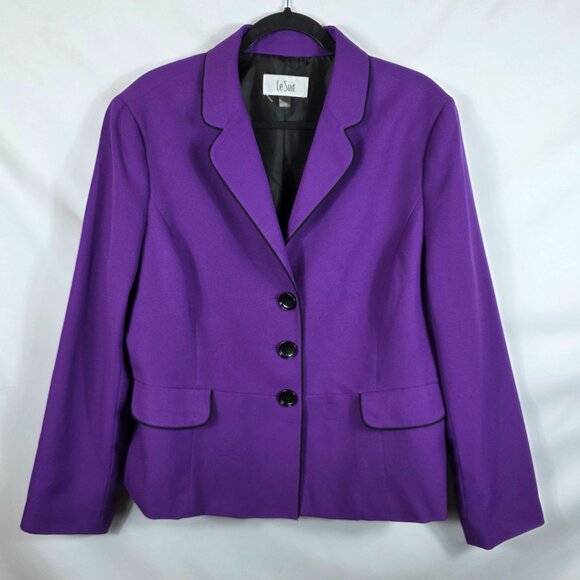 Le Suit Blazer Jacket Women's Size 18 Purple with Black Trim Three Button - Picture 1 of 14